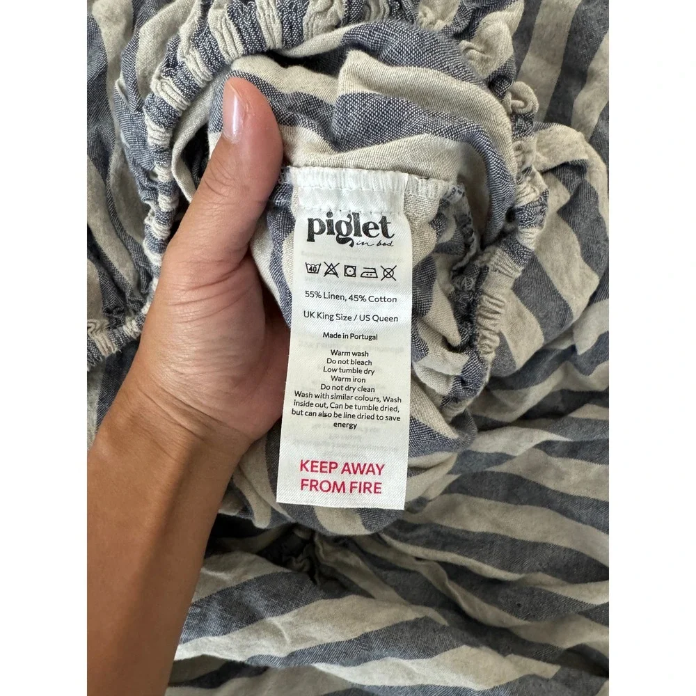 Piglet in Bed Blue Striped Linen Cotton Fitted Sheet US Queen / UK King Size